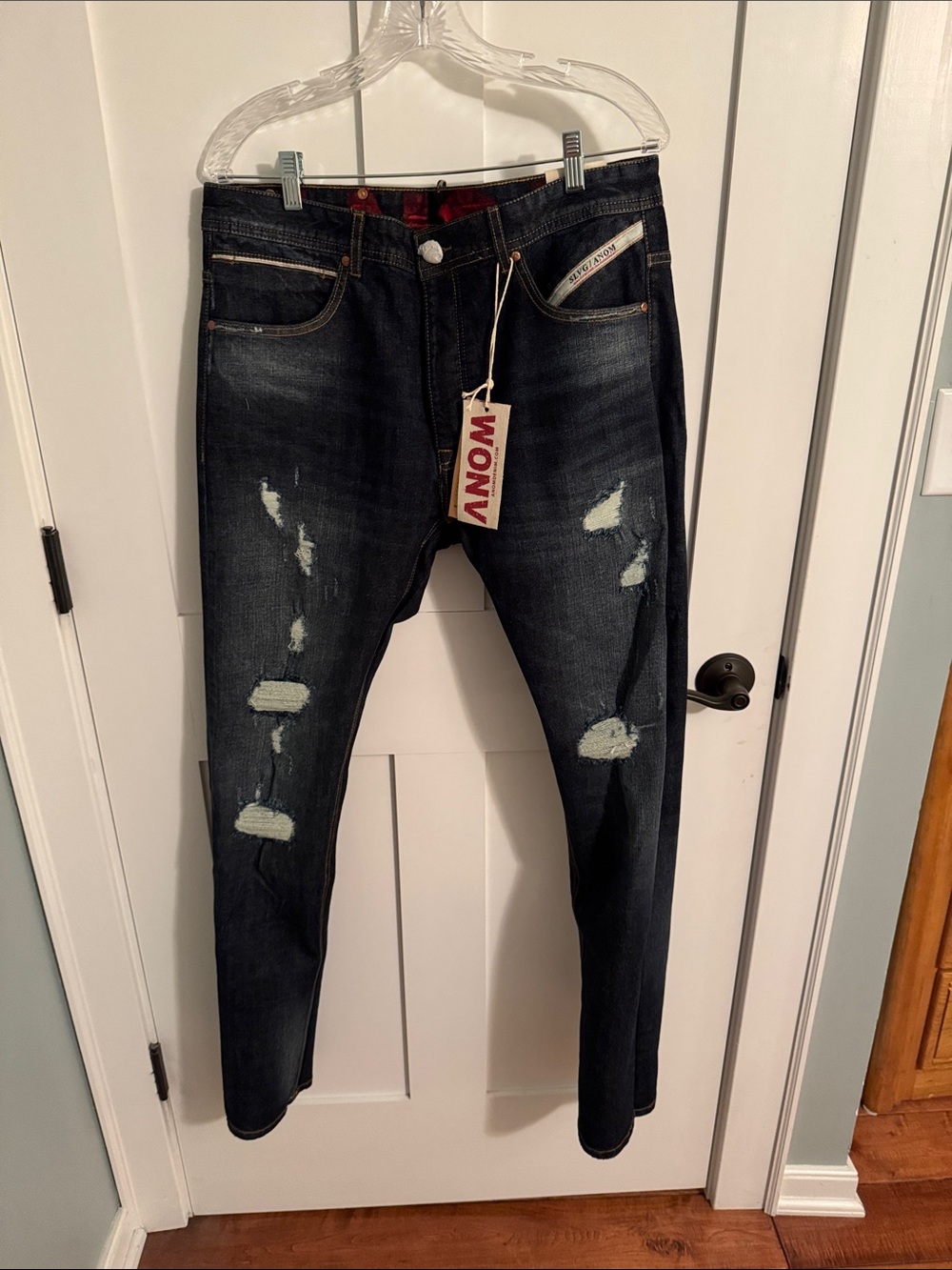 Anom Men's Dark Blue Distressed Slim Jeans size 34 slim fit